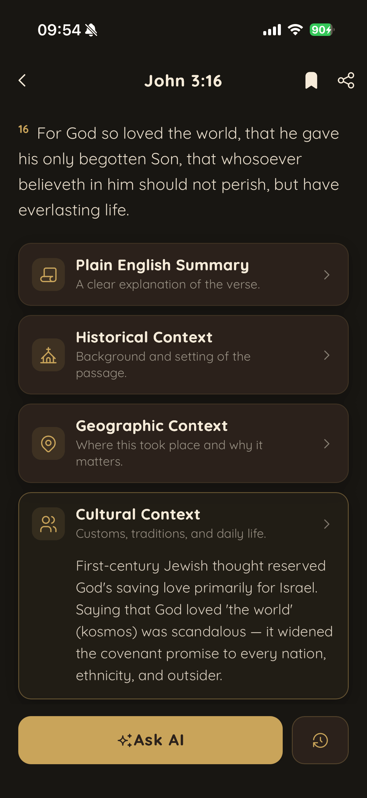 Lucernia app shown on a phone, displaying a Bible verse with context layers